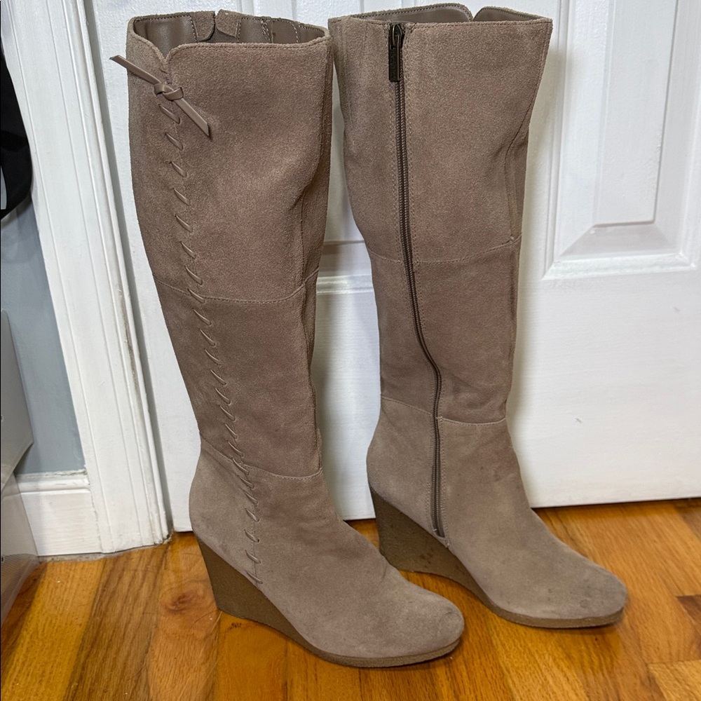 Kenneth Cole Reaction Taupe Suede Over-the-Knee Wedge Boots